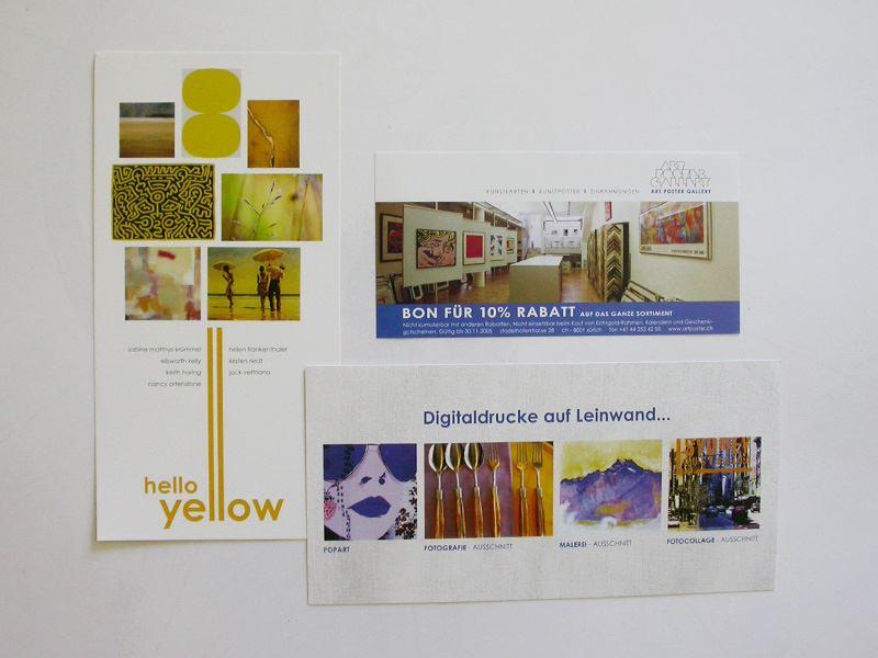 Postkarten-Flyer und Gutschein, der nach einem Kauf mitgegeben wird